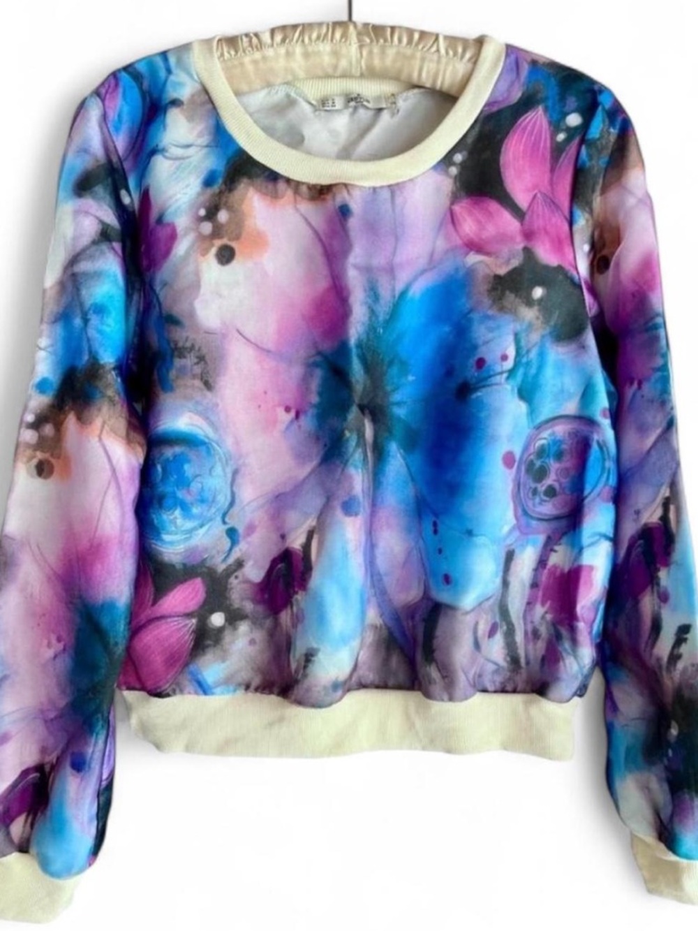 Gorgeous Watercolor Toole Overlay Long-sleeve Crewneck Top Sz M NWOT